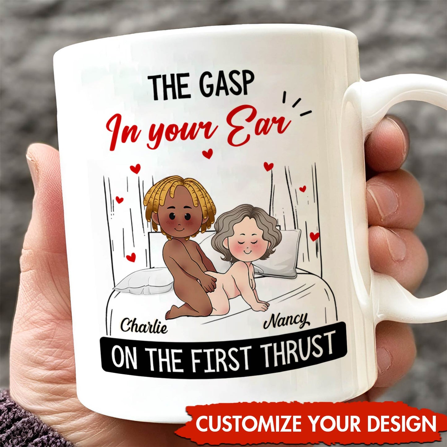custom first thrust mug gift white ceramic mug with cartoon couple on bed and personalized names Charlie Nancy