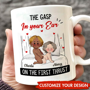 custom first thrust mug gift white ceramic mug with cartoon couple on bed and personalized names Charlie Nancy