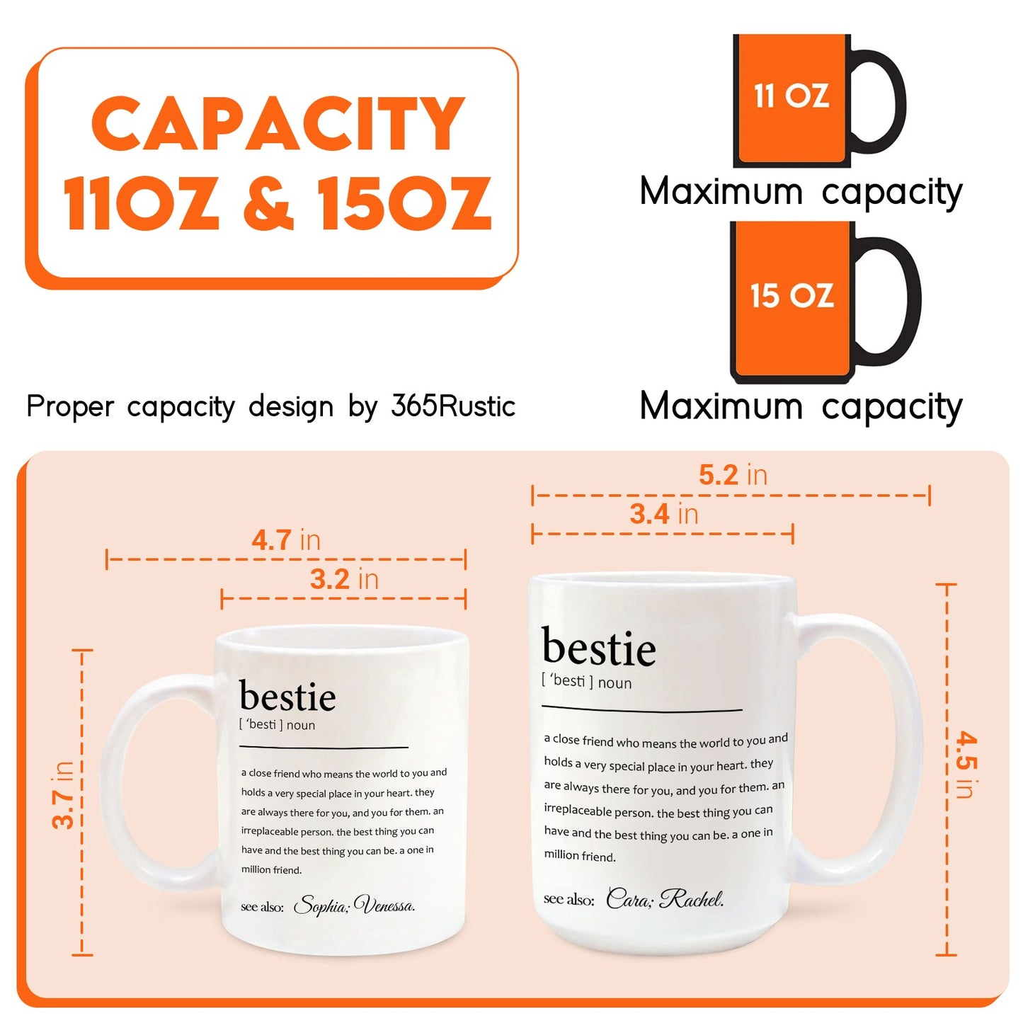 365Gifty two white bestie mugs 11oz and 15oz with printed definition and sizing chart custom friendship gift for office