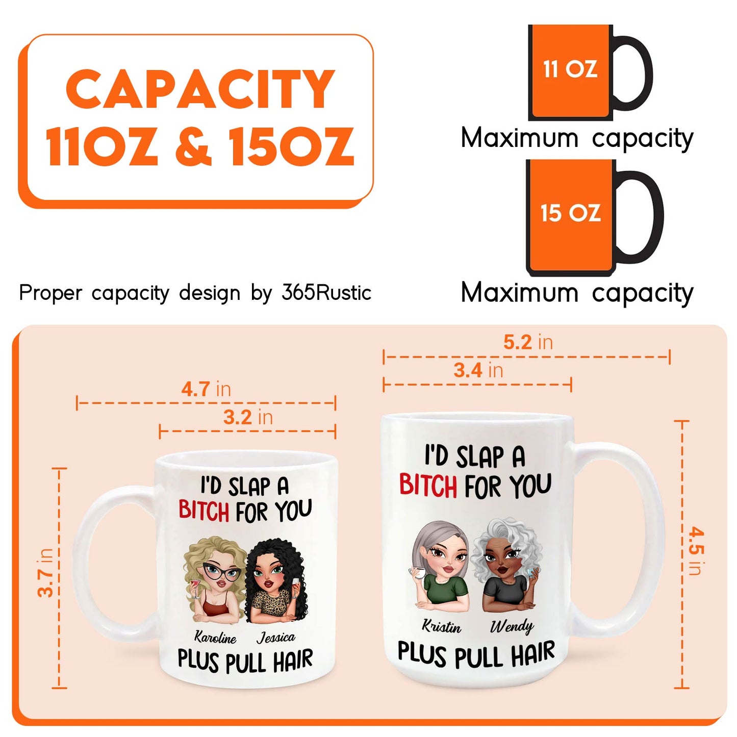 custom funny friendship mug two white 11oz and 15oz mugs with cartoon women and cheeky Id slap a bitch for you text plus pull hair