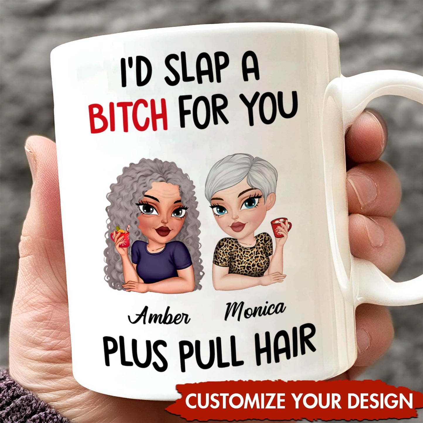 White ceramic custom funny friendship mug showing two female cartoon avatars named Amber and Monica holding cups