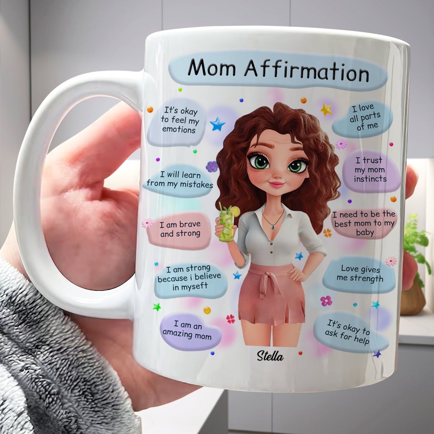 365Gifty white mug with cartoon mom and affirmation bubbles titled Mom Affirmation custom gifts for mom birthday
