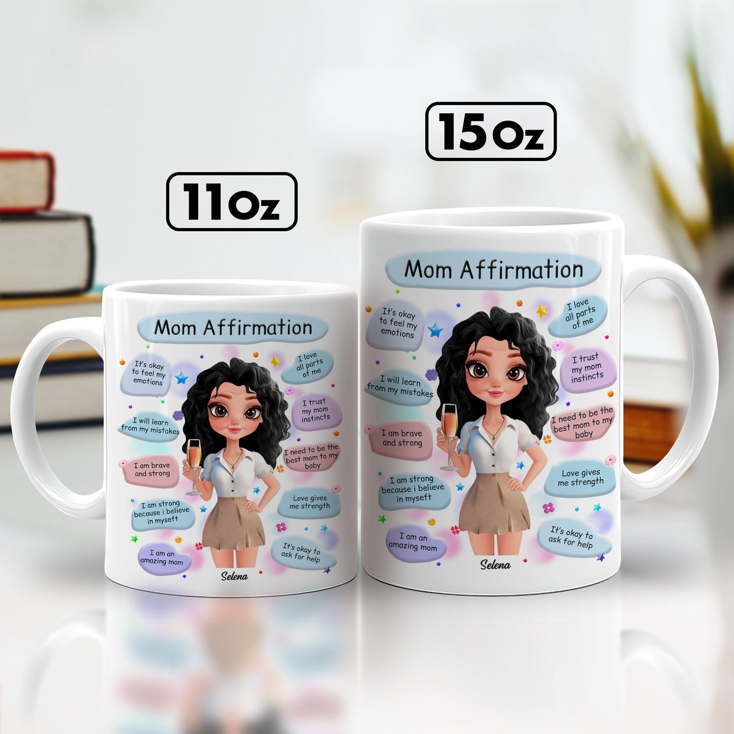 custom gifts for mom birthday Mom Affirmation coffee mug set featuring cartoon mom and positive affirmations