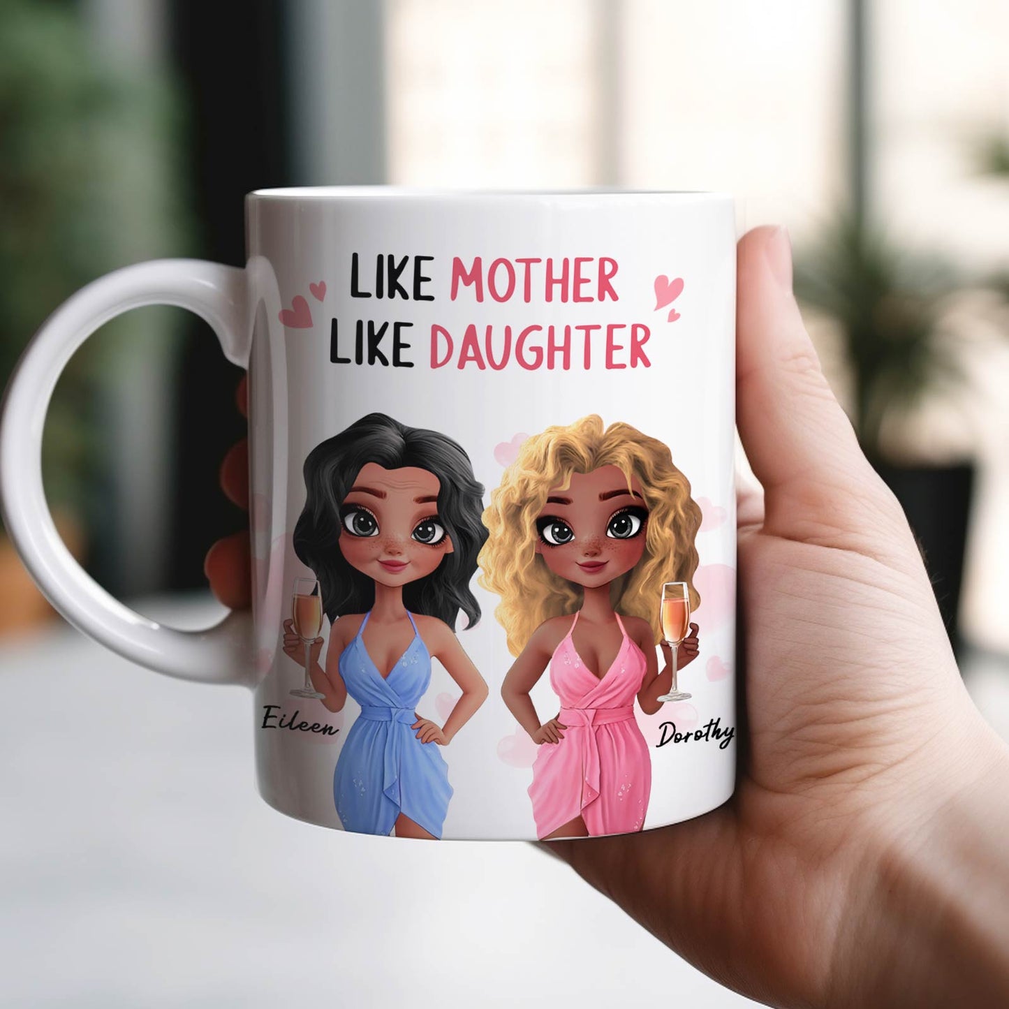 365Gifty custom like mother like daughter mug with two illustrated women in blue and pink dresses holding champagne glasses