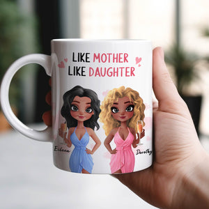365Gifty custom like mother like daughter mug with two illustrated women in blue and pink dresses holding champagne glasses