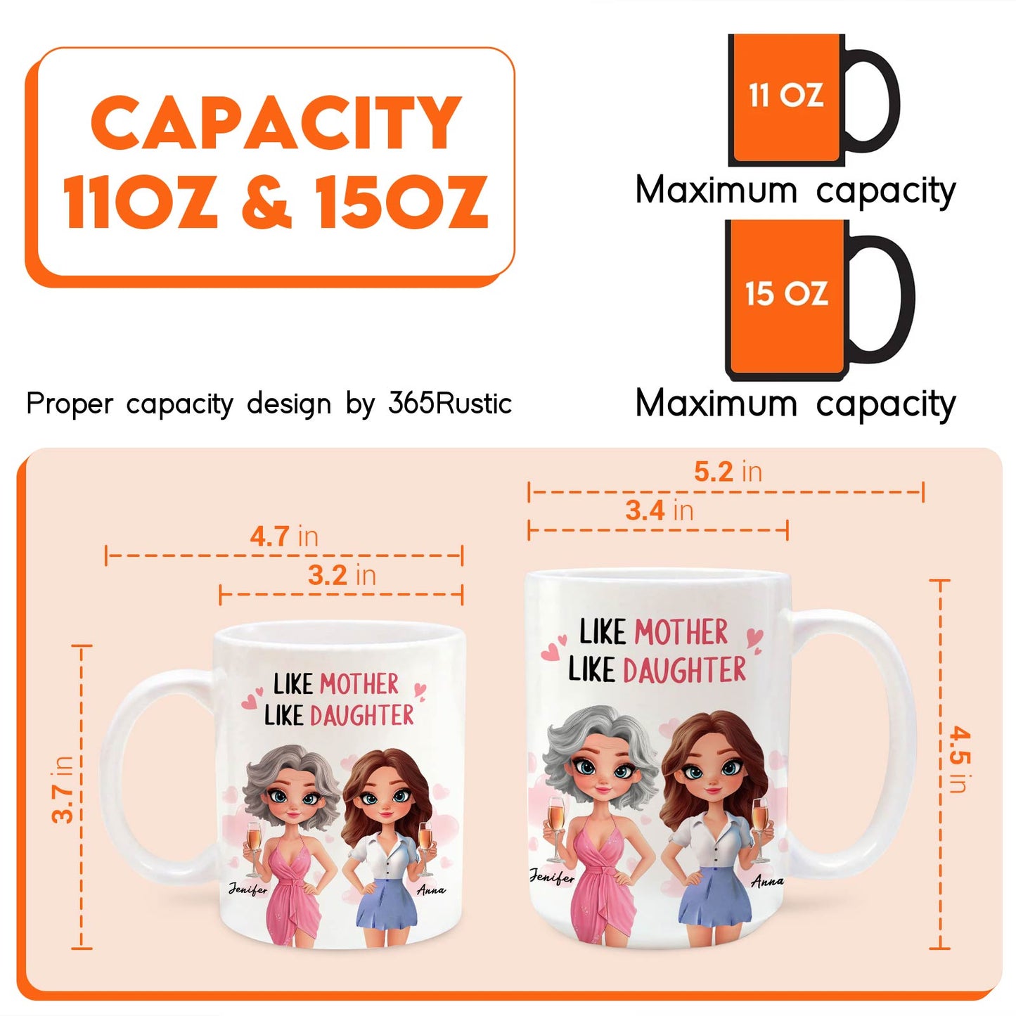 custom like mother like daughter mug showing two illustrated mother and daughter coffee mugs 11oz and 15oz with size dimensions