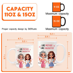 custom like mother like daughter mug showing two illustrated mother and daughter coffee mugs 11oz and 15oz with size dimensions