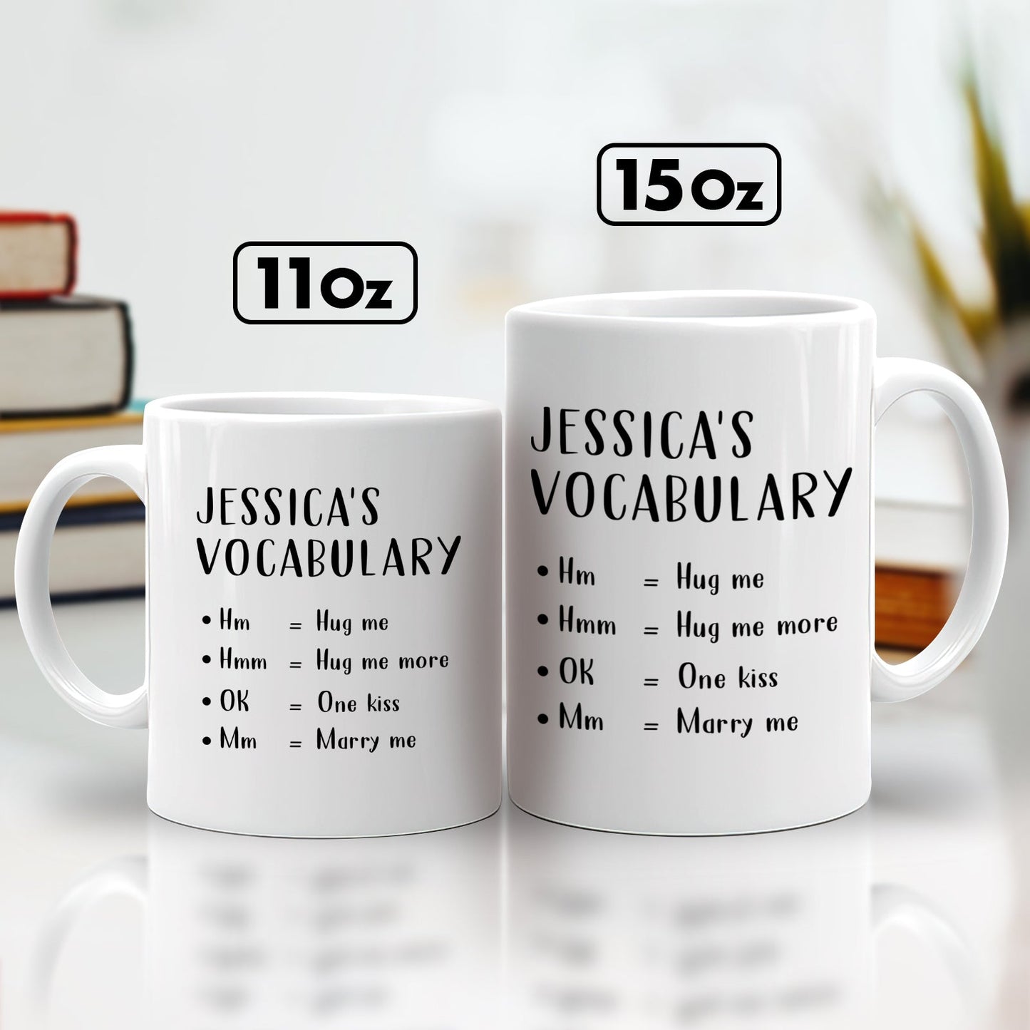 custom love vocabulary mug showing two white personalized mugs labeled Jessicas Vocabulary with shorthand phrases 11oz and 15oz