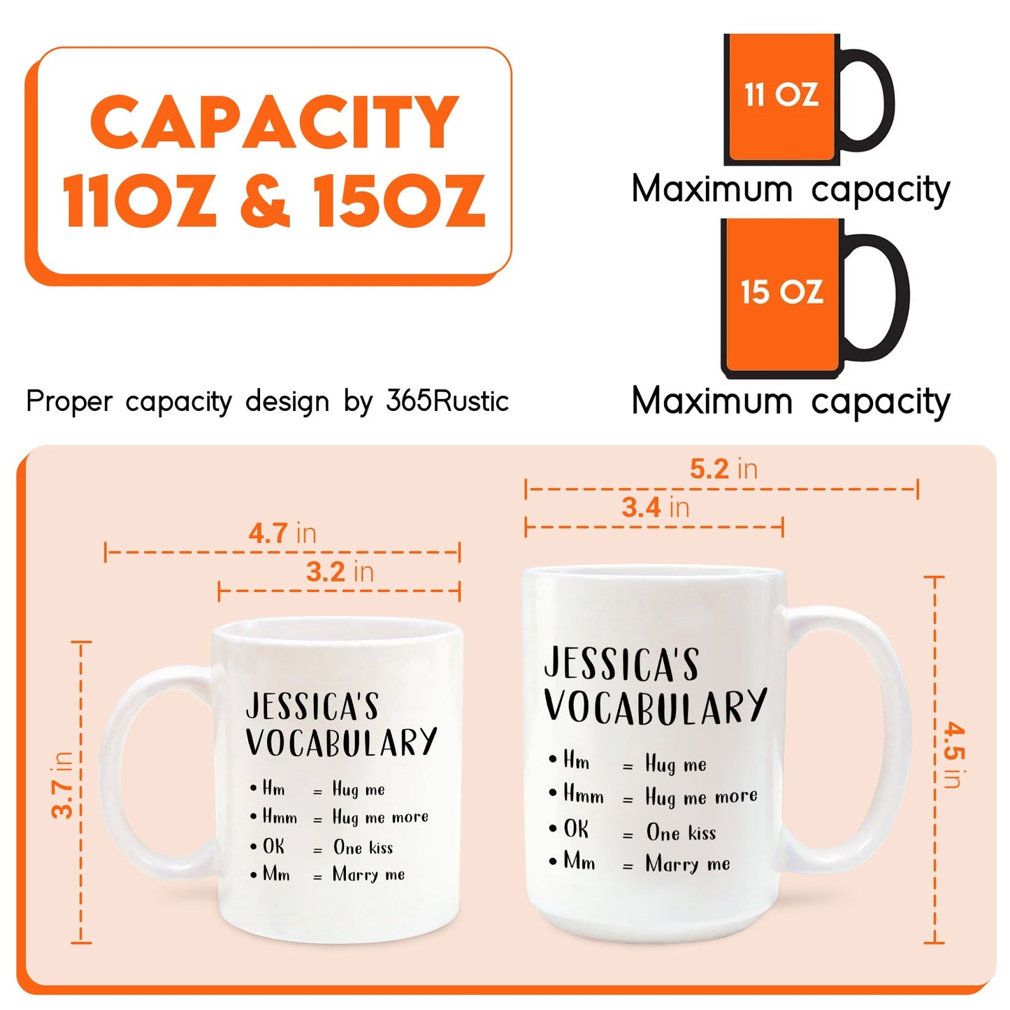 custom love vocabulary mug showing two personalized white mugs 11oz and 15oz with Jessicas vocabulary phrases
