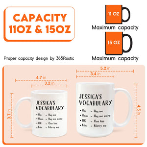 custom love vocabulary mug showing two personalized white mugs 11oz and 15oz with Jessicas vocabulary phrases