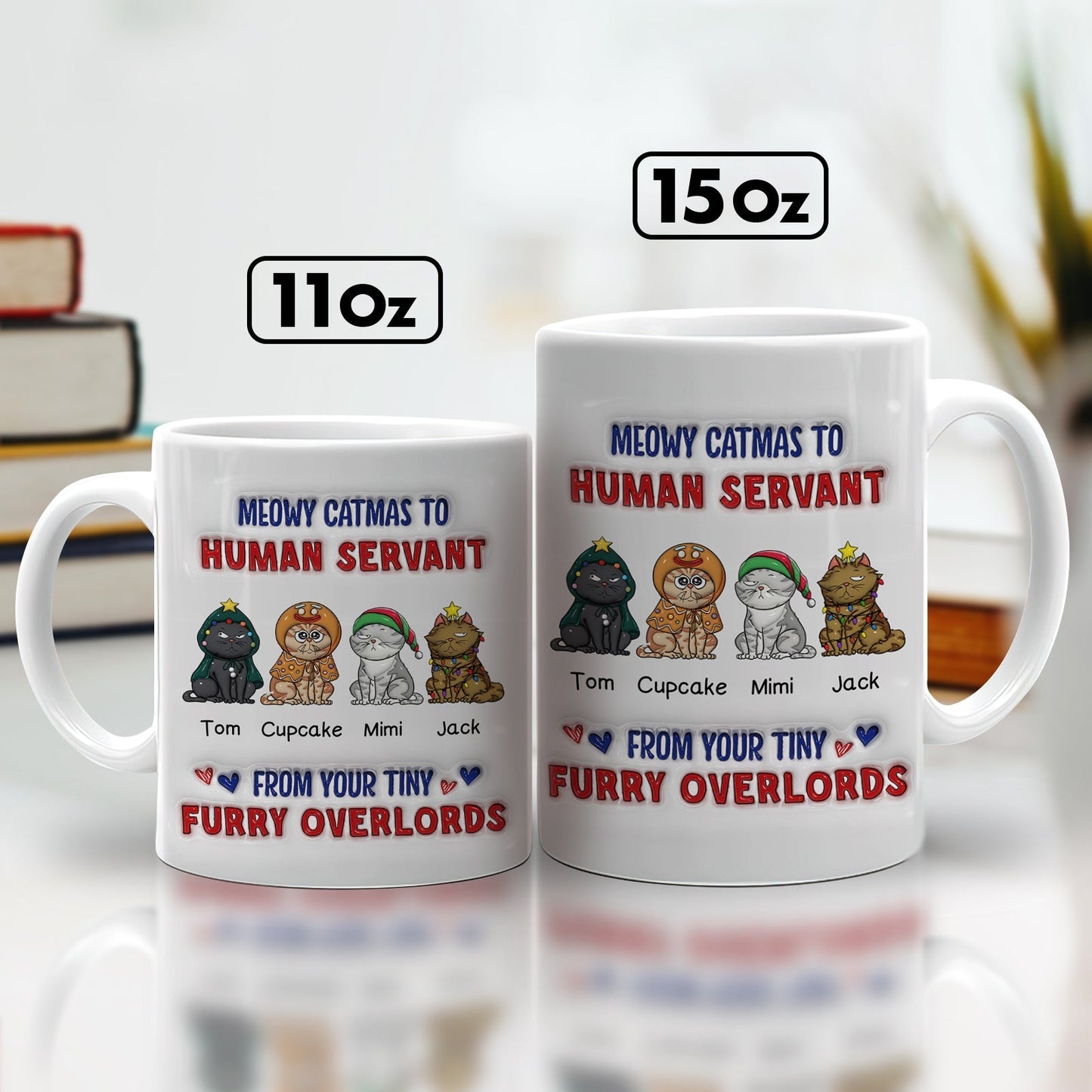 custom Meowy Catmas pet mug pair 11oz and 15oz white ceramic mugs with four cartoon cats and holiday text