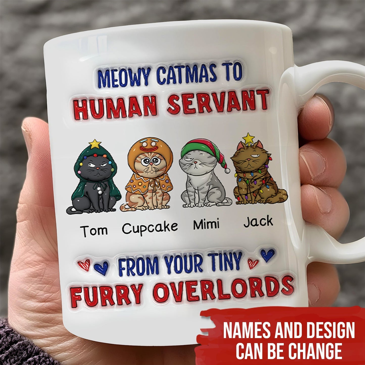 custom Meowy Catmas pet mug with four cartoon cats Tom Cupcake Mimi Jack and Human Servant customizable names