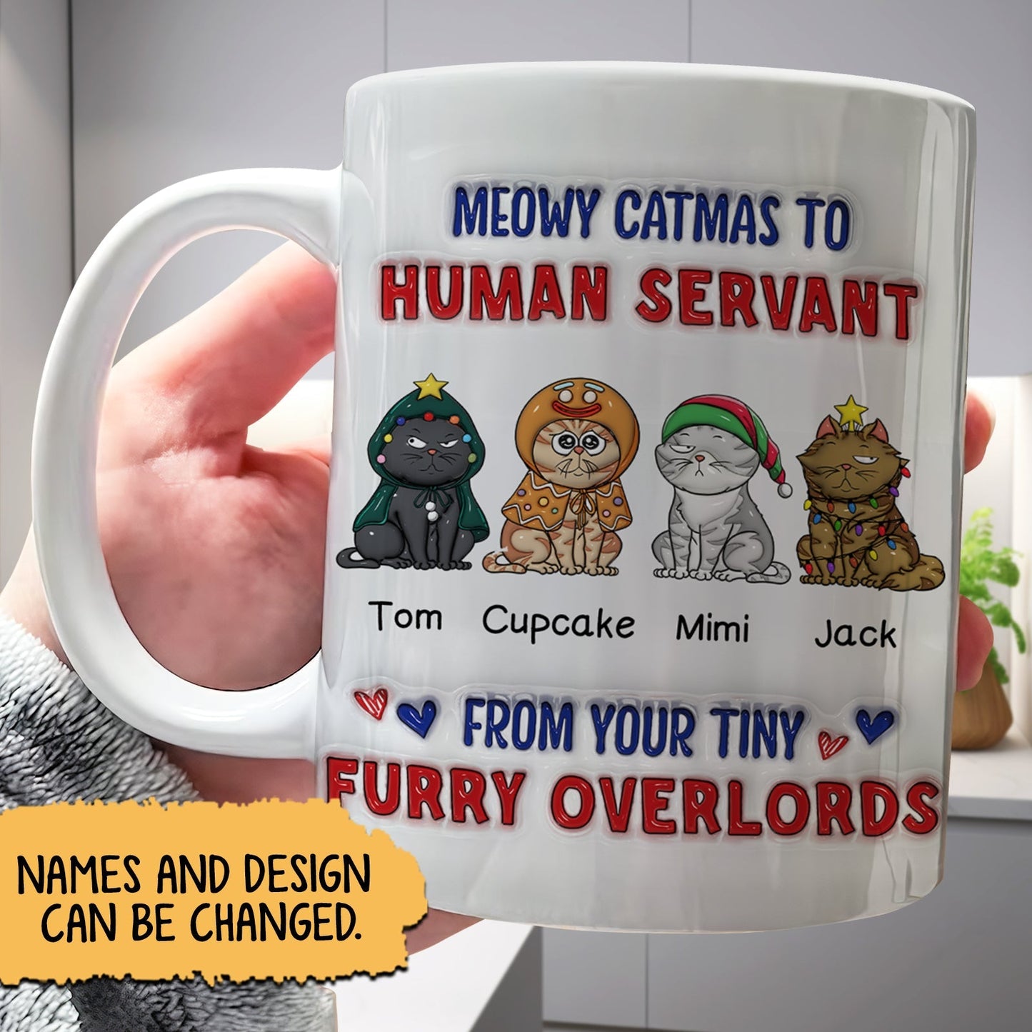custom Meowy Catmas pet mug white ceramic with four cartoon cats named Tom Cupcake Mimi Jack perfect holiday gift for cat lovers
