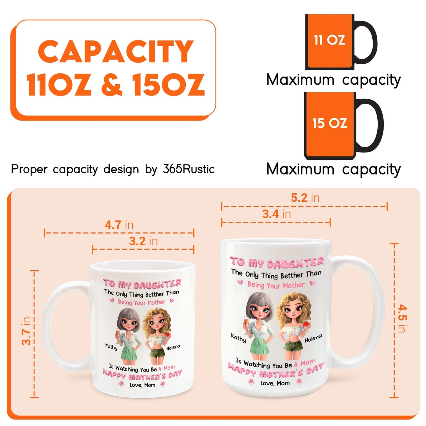 365Gifty custom mothers day mug gift white 11 oz and 15 oz daughter design with names and dimensions