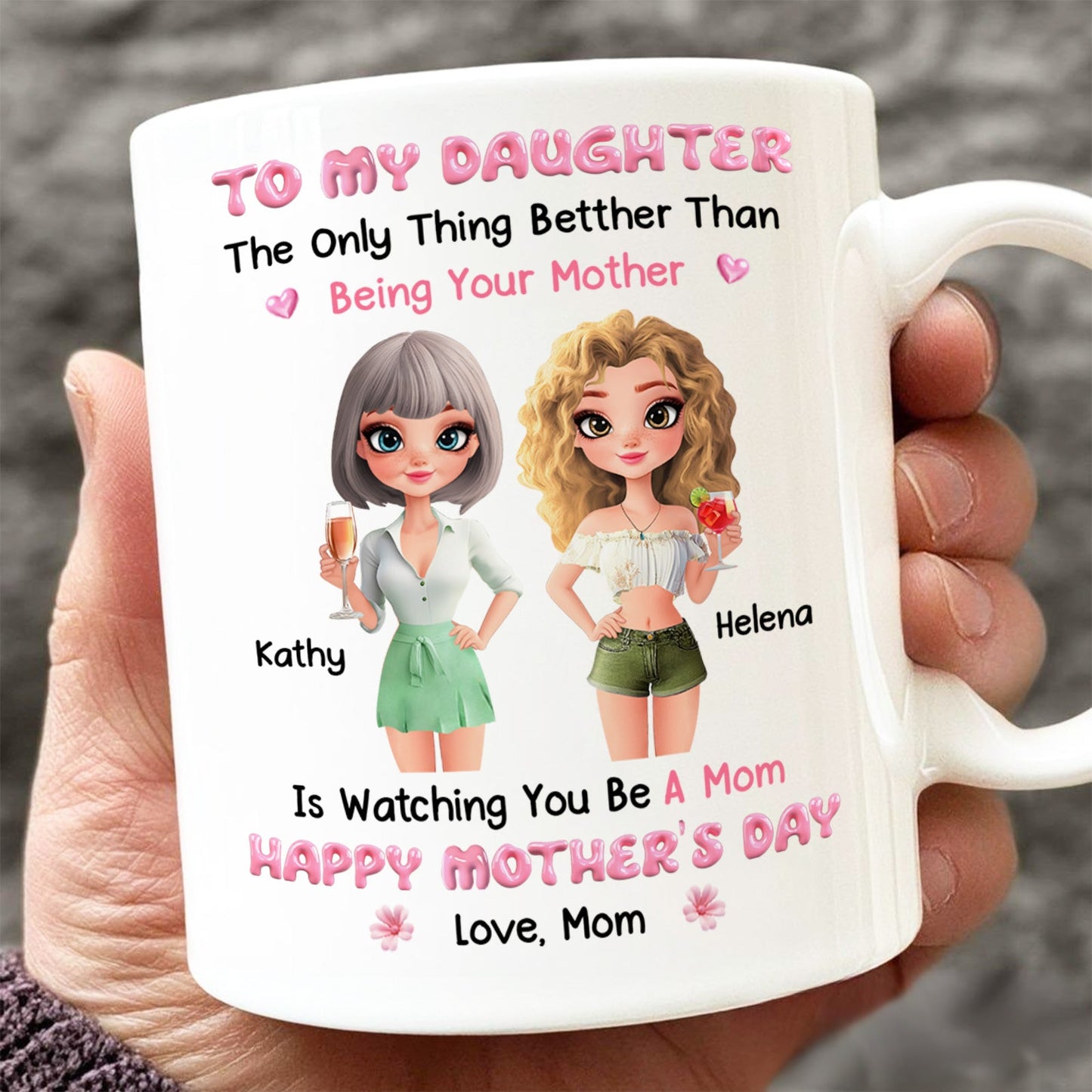 custom mothers day mug gift white ceramic with personalized daughter cartoon characters names Kathy and Helena