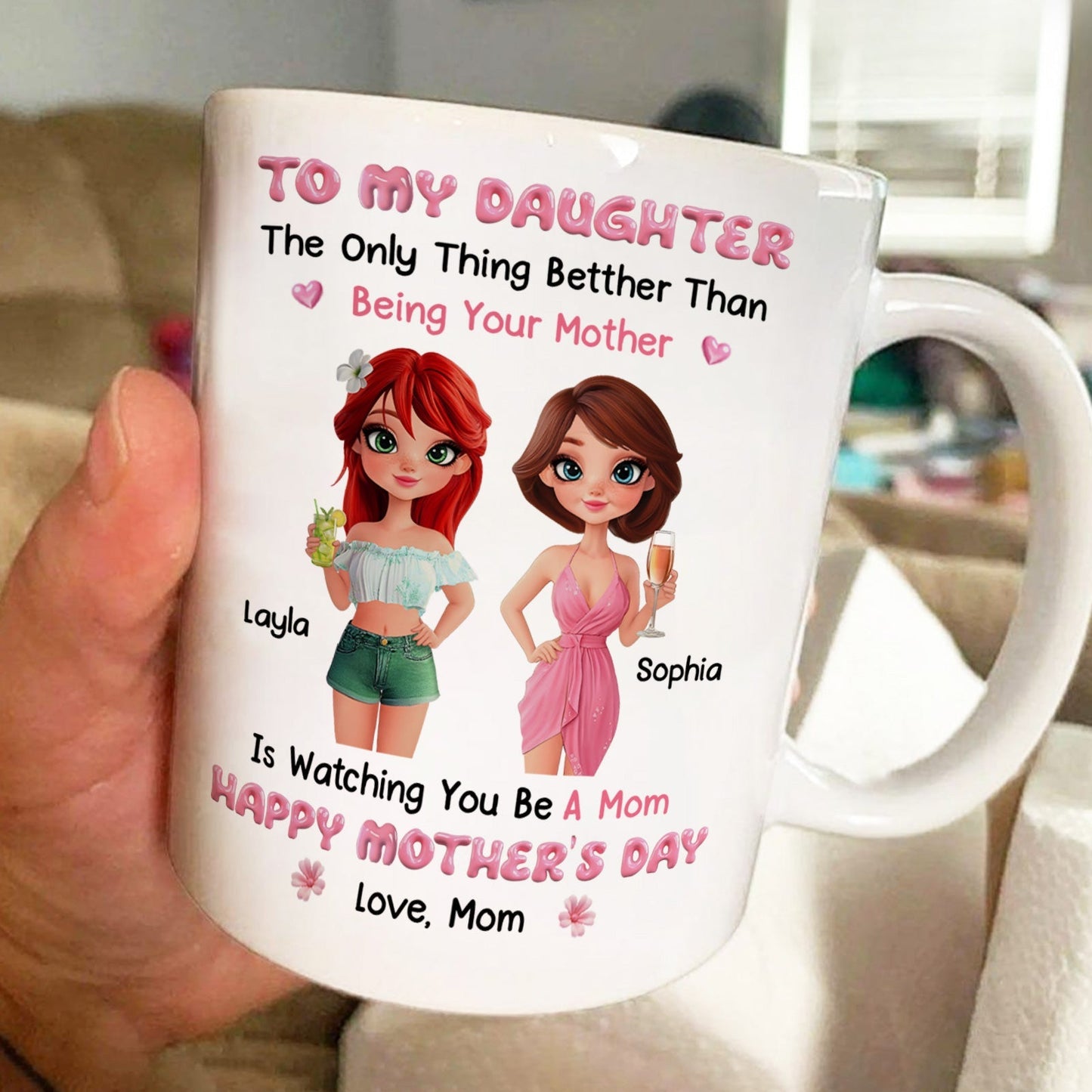 Personalized white ceramic mug with two cartoon daughters, Layla and Sophia, pink Happy Mothers Day, custom mothers day mug gift