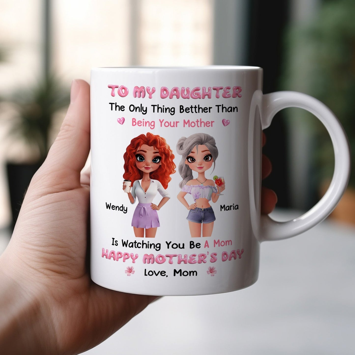 custom mothers day mug gift white ceramic mom to daughter mug with two cartoon daughters named Wendy and Maria