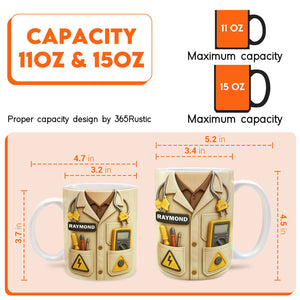 custom mug for electricians beige technician pocket design showing 11 oz and 15 oz mug sizes
