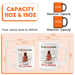custom romantic coffee mug showing white 11oz and 15oz mugs with couple illustration and kiss my neck text