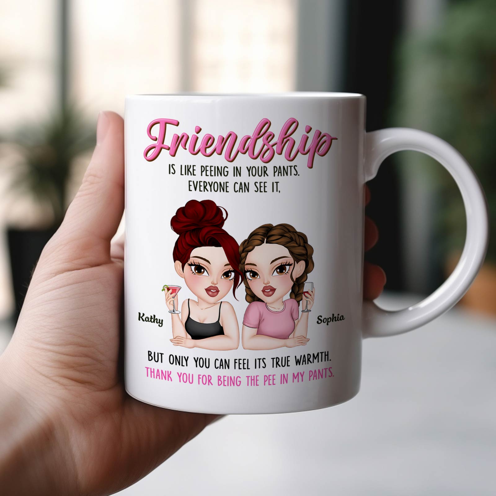 Handheld 365Gifty friendship mugs with funny sayings featuring two illustrated women and cheeky friendship quote about peeing