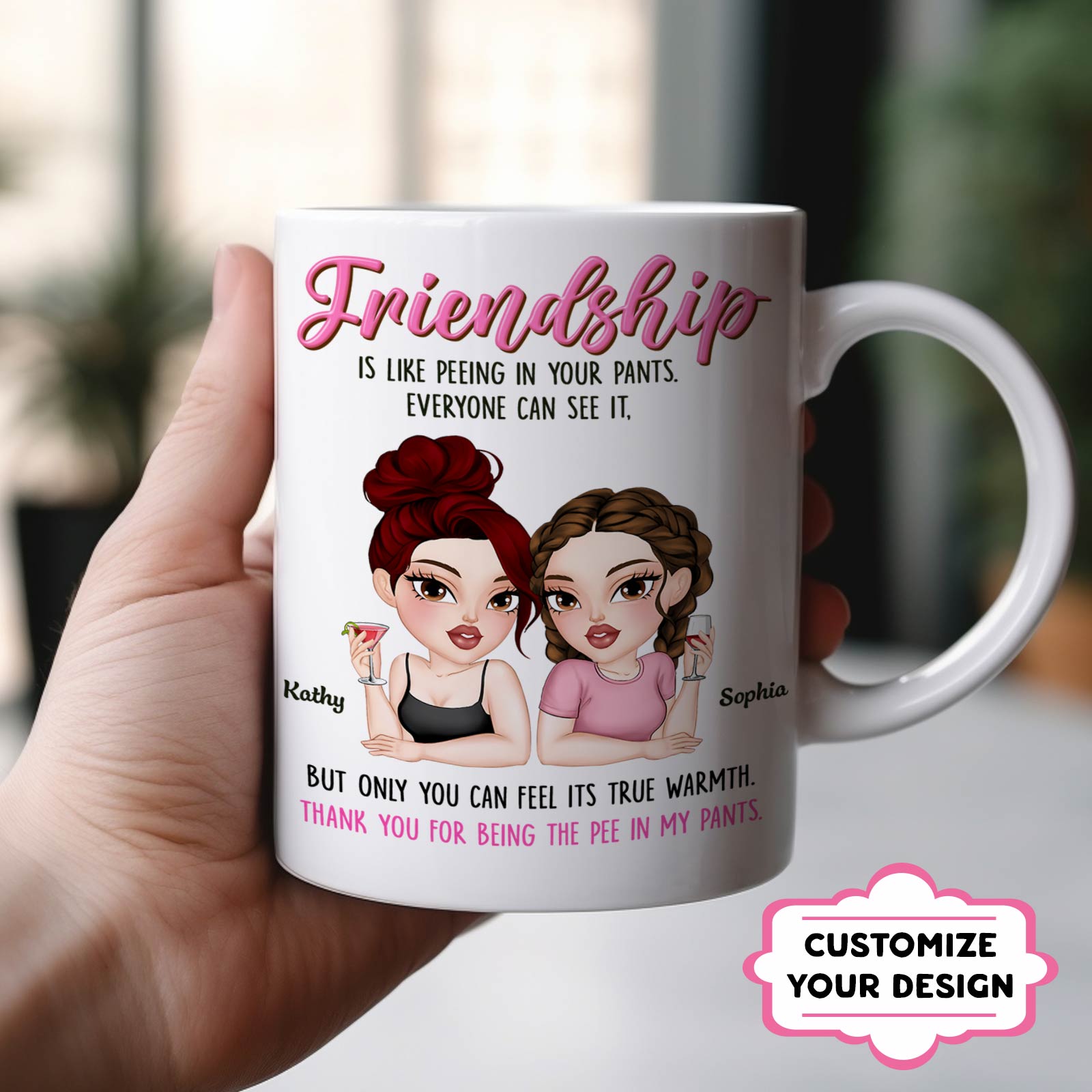 White ceramic 365Gifty friendship mugs with funny sayings featuring cartoon besties Kathy and Sophia and humorous quote