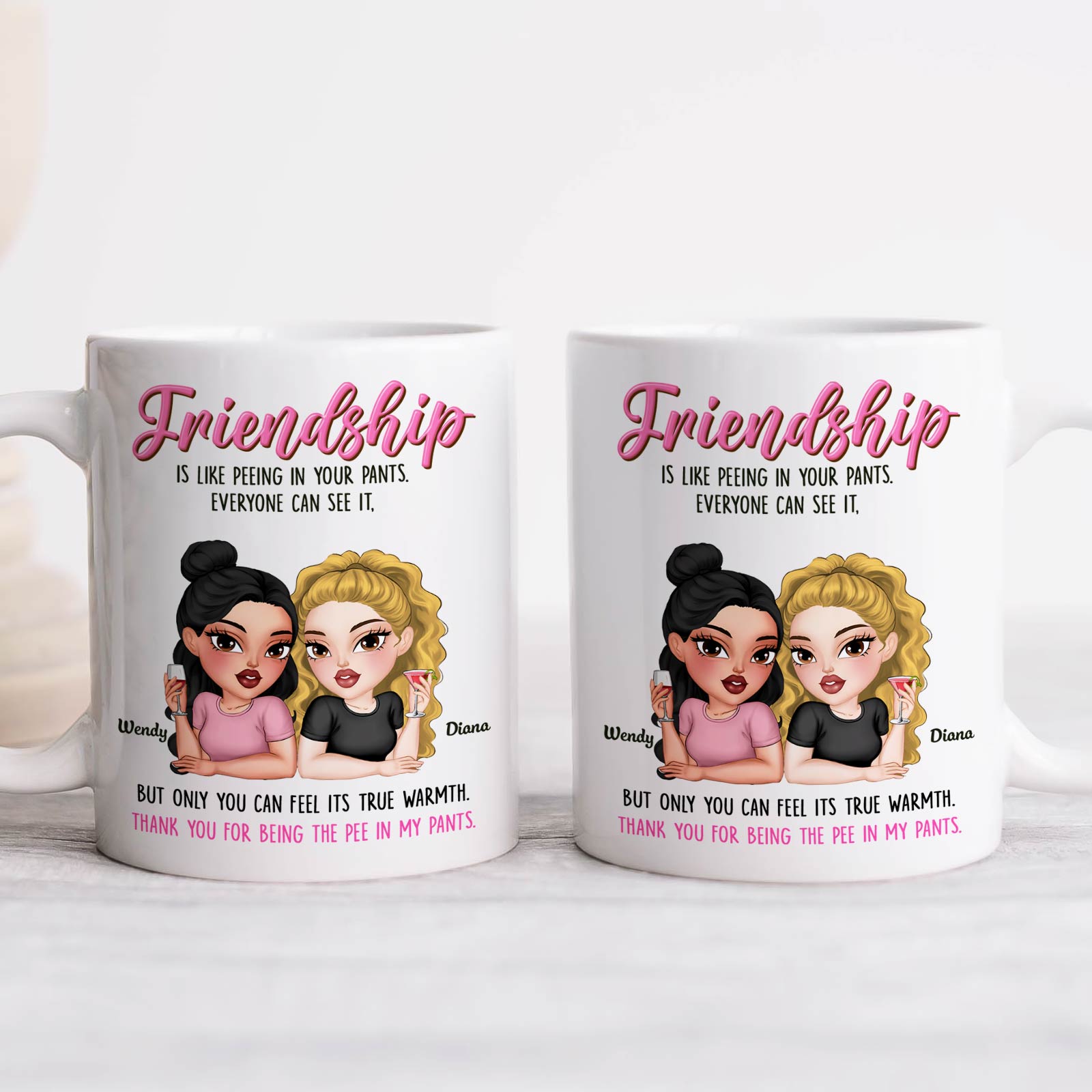 Two white 365Gifty ceramic mugs with cartoon best friends and cheeky quote friendship mugs with funny sayings