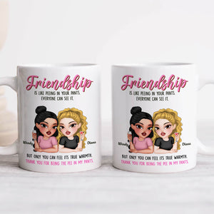 Two white 365Gifty ceramic mugs with cartoon best friends and cheeky quote friendship mugs with funny sayings