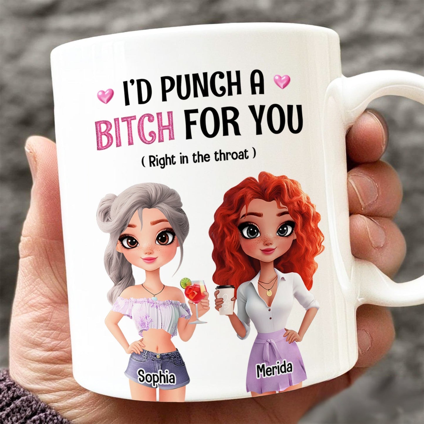 365Gifty white ceramic funny besties gift mug showing two cartoon women labeled Sophia and Merida with bold text