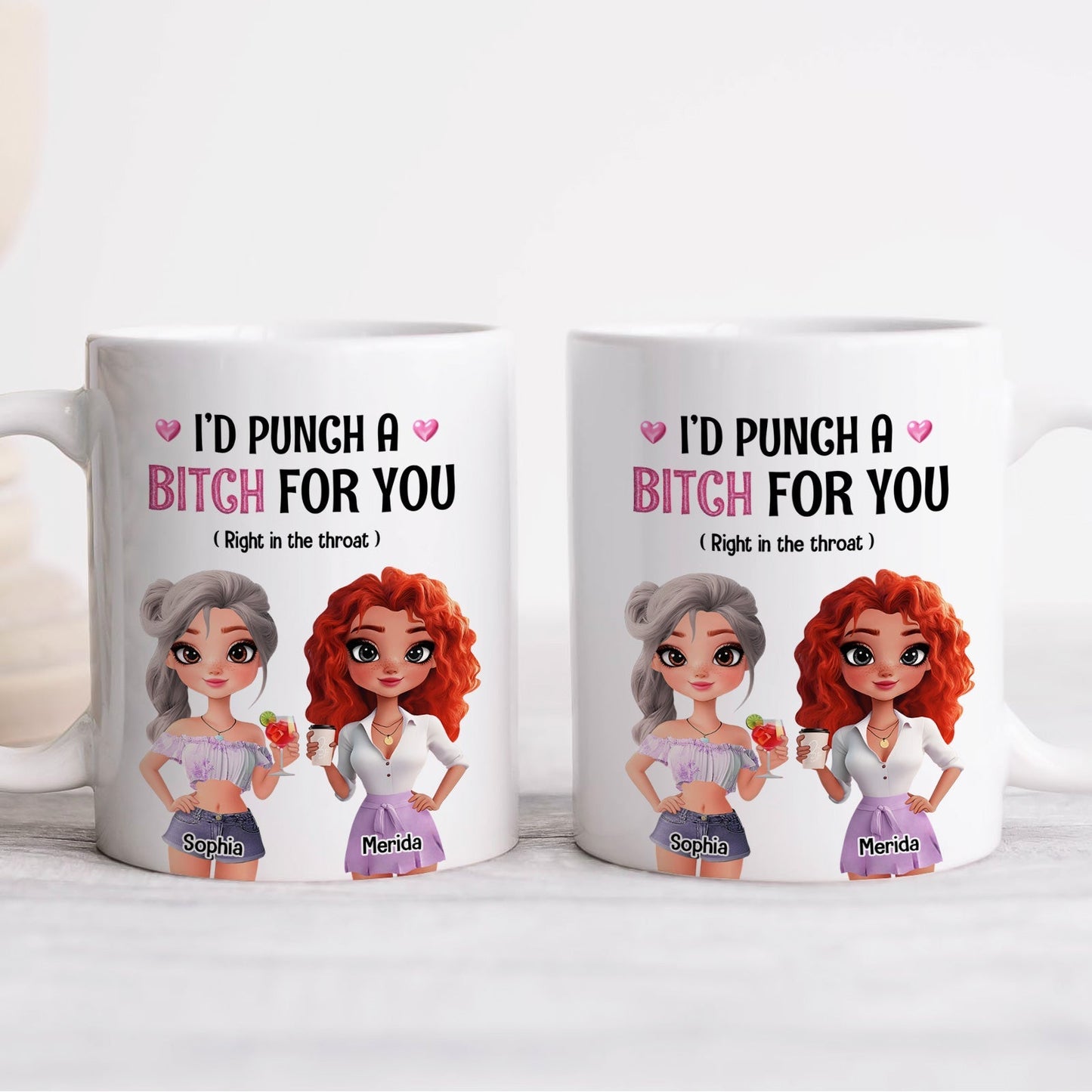 Two white ceramic mugs with cartoon best friends and text Id punch a bitch for you right in the throat funny besties gift mug