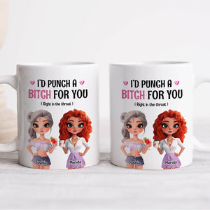 Two white ceramic mugs with cartoon best friends and text Id punch a bitch for you right in the throat funny besties gift mug