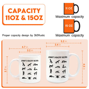 funny custom relationship mug 11oz and 15oz white mugs with playful silhouette poses and size measurements