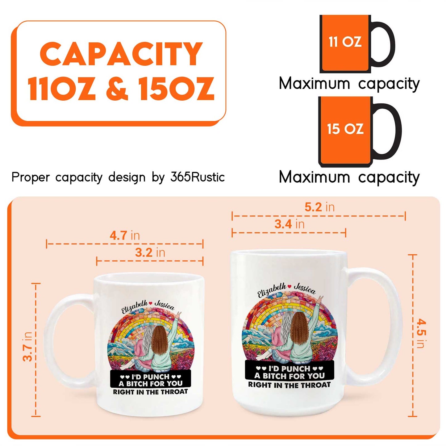 365Gifty 11oz and 15oz white ceramic mugs with colorful boho woman design and funny gift for besties