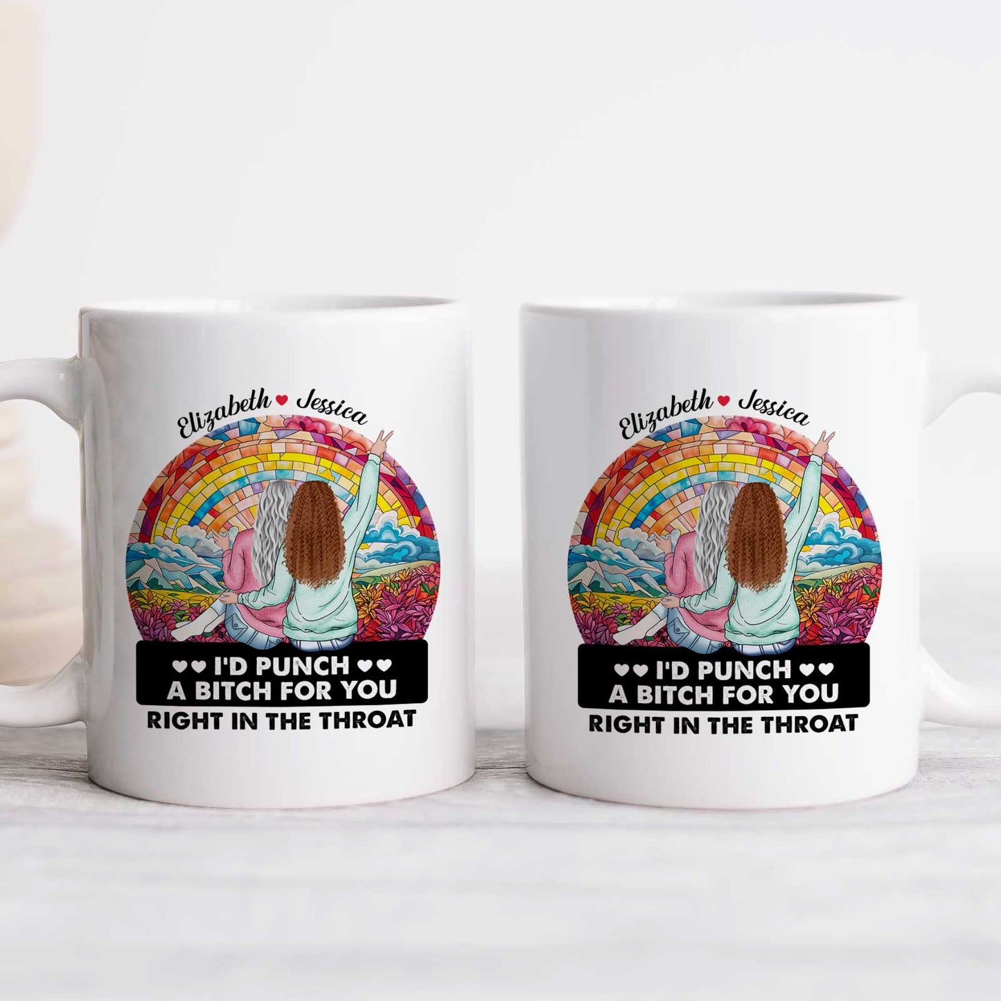 Pair of personalized white ceramic mugs with rainbow art and I would punch a bitch for you text funny gift for besties