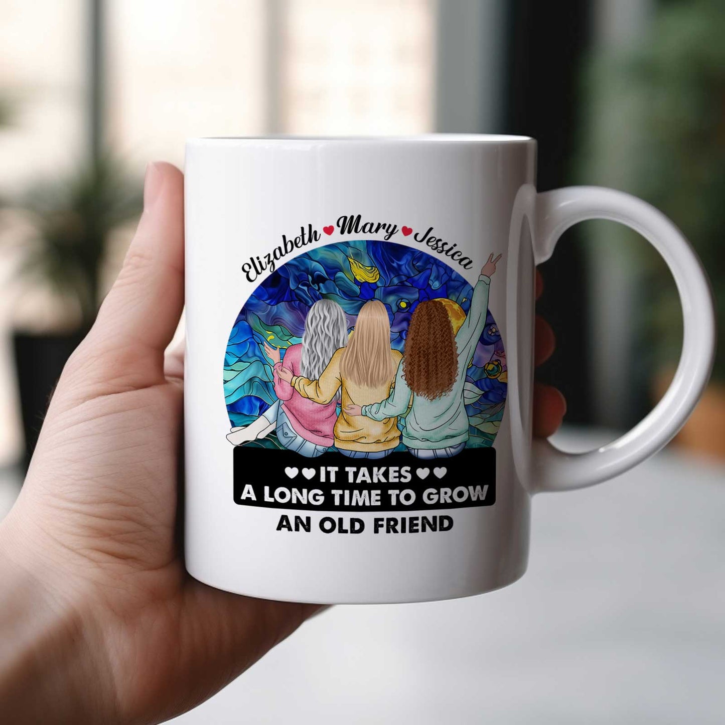 White ceramic mug showing three women back view with names Elizabeth Mary Jessica and friendship quote funny gift for besties