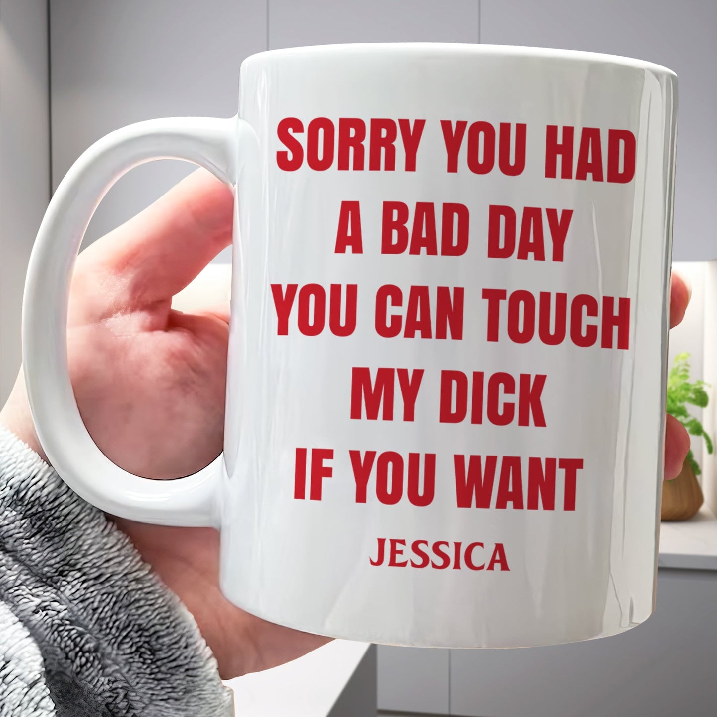 365Gifty white ceramic mug with bold red adult apology text and name Jessica funny personalized coffee mug gift