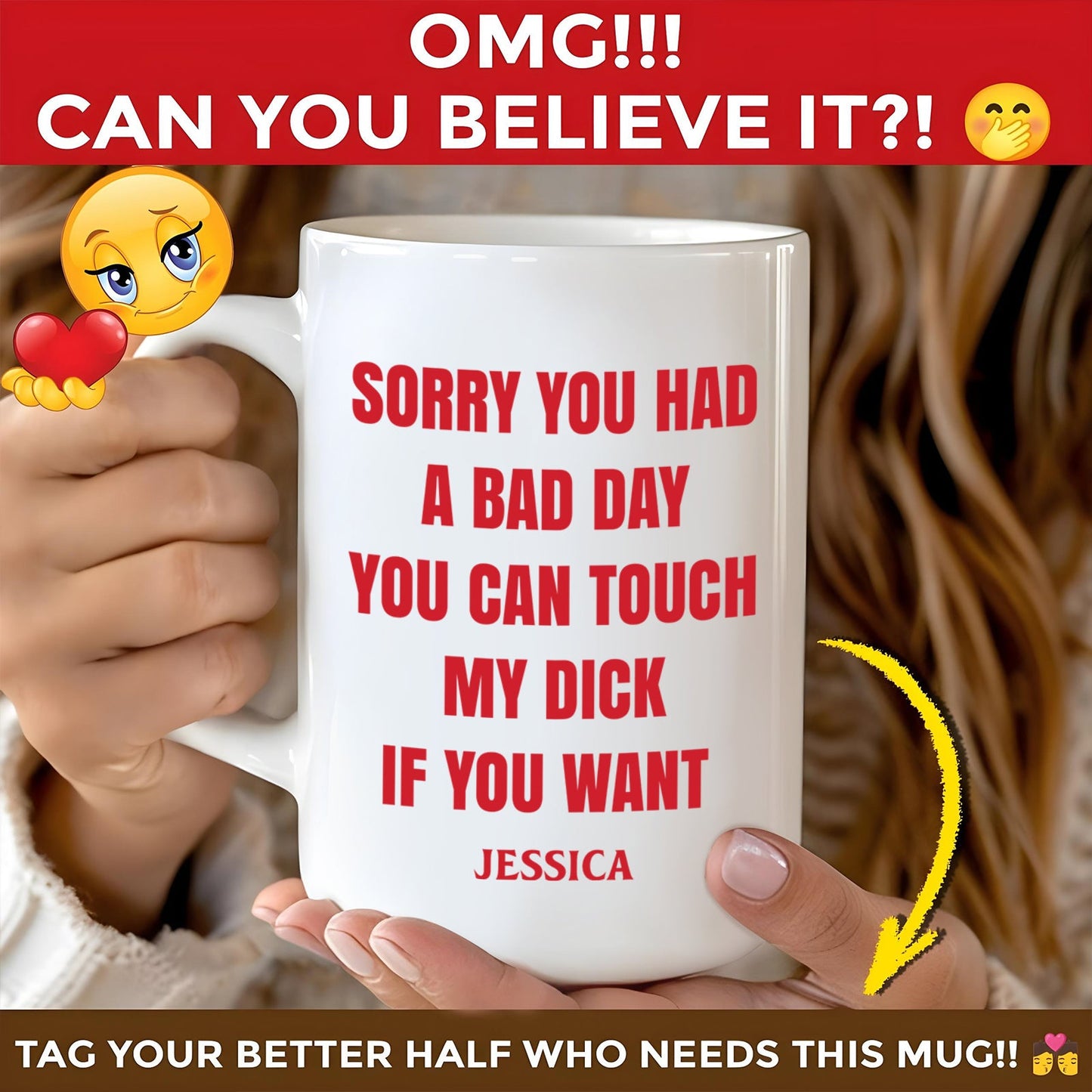 White ceramic mug with bold red explicit joke and name Jessica printed on it funny personalized coffee mug gift