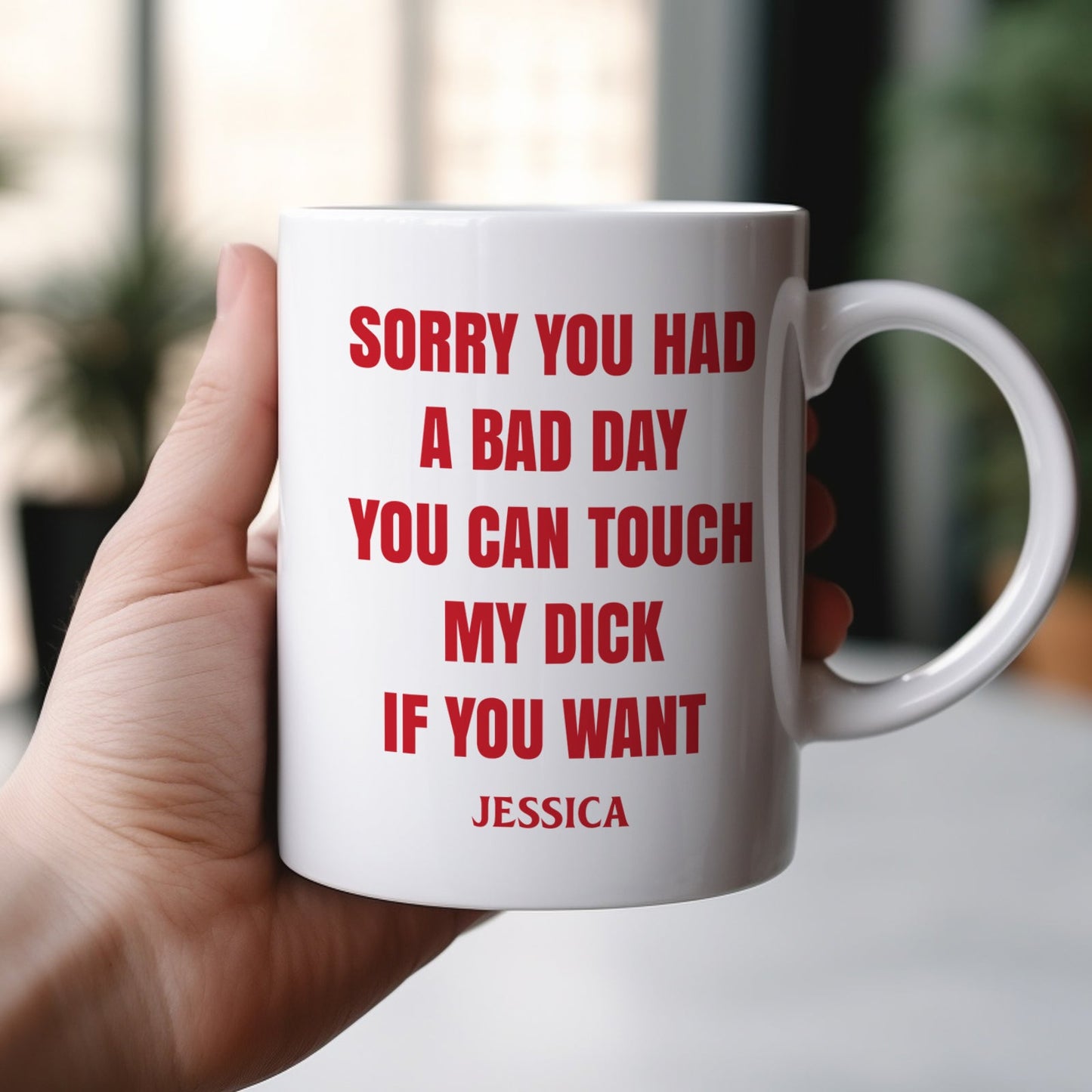 White ceramic mug with red rude apology text and name Jessica humorous drinkware funny personalized coffee mug gift
