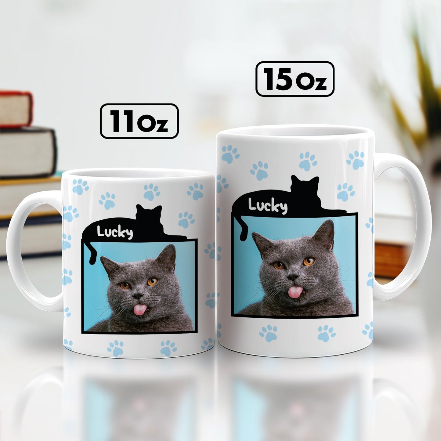 365Gifty white cat photo mugs with paw print design and name Lucky showing gray cat tongue funny personalized mugs for cat lovers