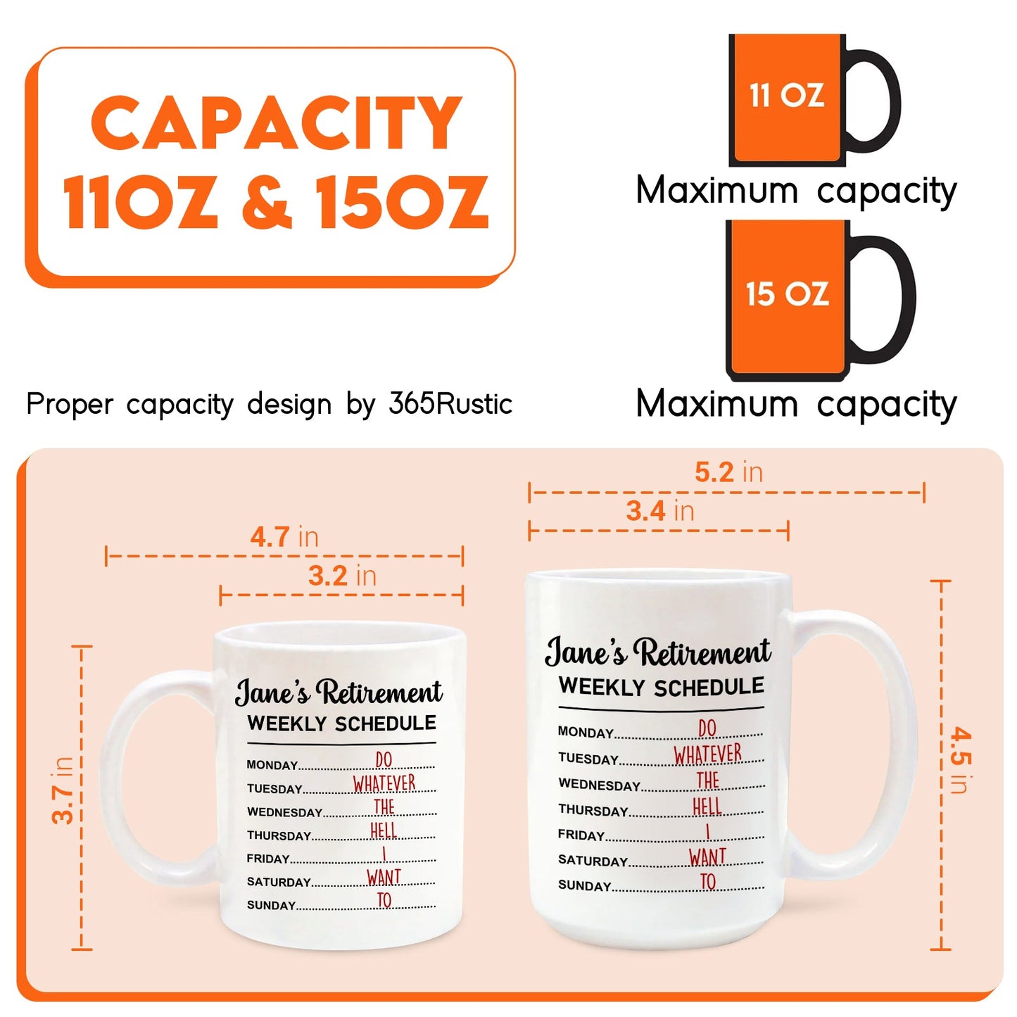 365Gifty white ceramic mug set 11oz and 15oz with Janes Retirement weekly schedule design funny retirement gift for coworkers