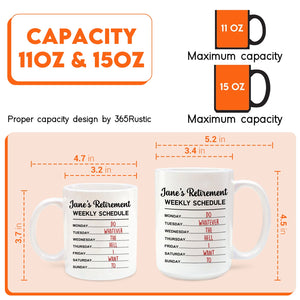 365Gifty white ceramic mug set 11oz and 15oz with Janes Retirement weekly schedule design funny retirement gift for coworkers