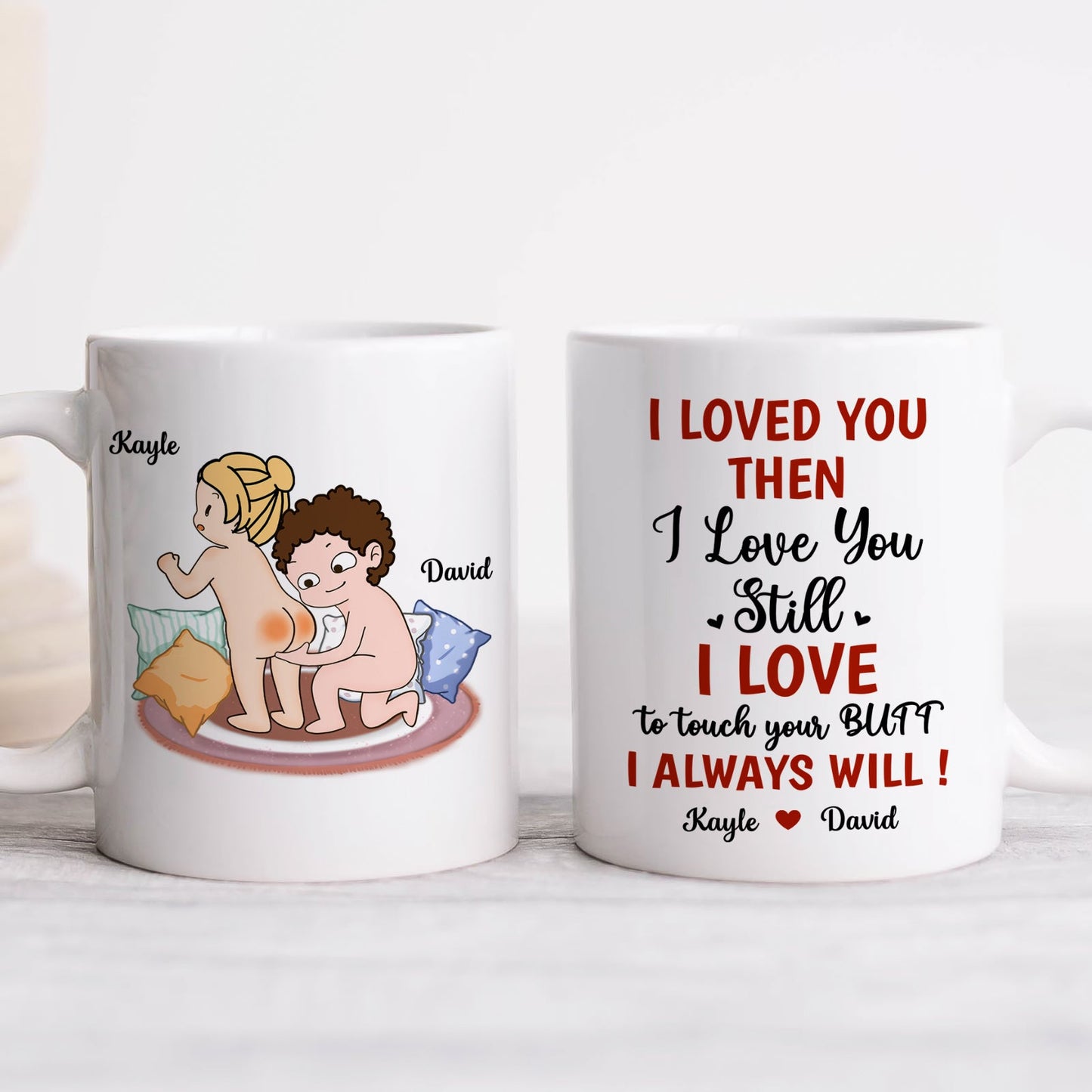 365Gifty white ceramic mug with playful cartoon couple and cheeky I love to touch your butt text funny romantic gift for boyfriend