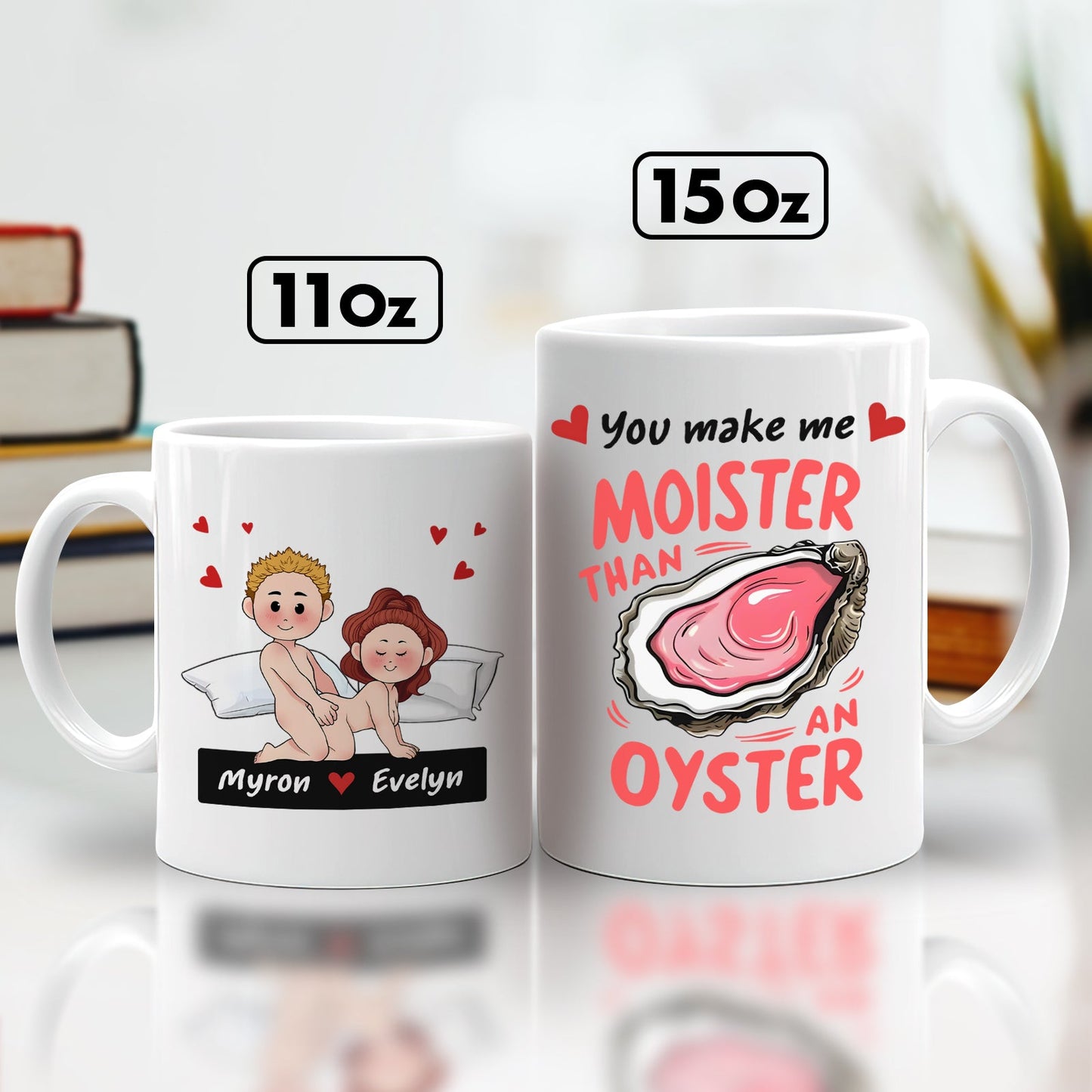 365Gifty white ceramic mug set 11oz and 15oz with cheeky oyster pun and cartoon couple funny romantic gift for couples