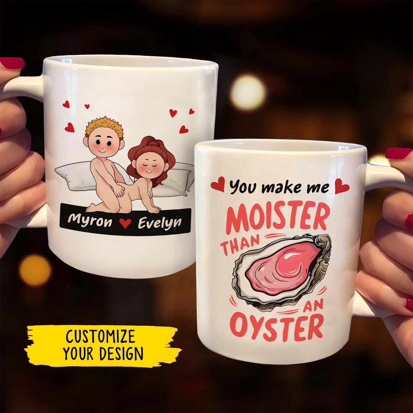 365Gifty customizable mugs with playful cartoon couple and oyster design you make me moister funny romantic gift for couples
