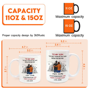 365Gifty happy Father's Day personalized mug showing 11oz and 15oz sizes with son and mom design