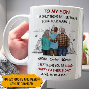 365Gifty white ceramic happy Father's Day personalized mug with parents hugging son and custom names