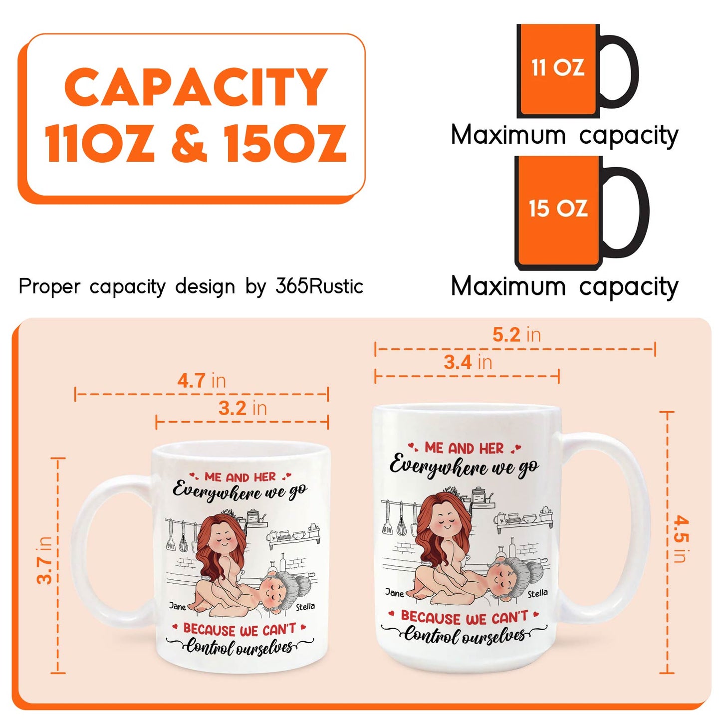 White ceramic me and him everywhere we go mug with cartoon couple design and size options 11 oz 15 oz