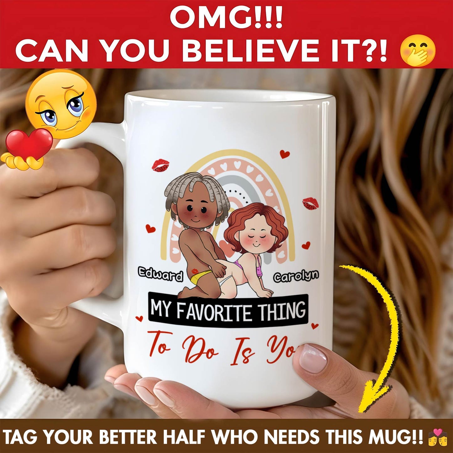 365Gifty white ceramic mug with cartoon couple names Edward and Carolyn and phrase my favorite thing to do is you mug