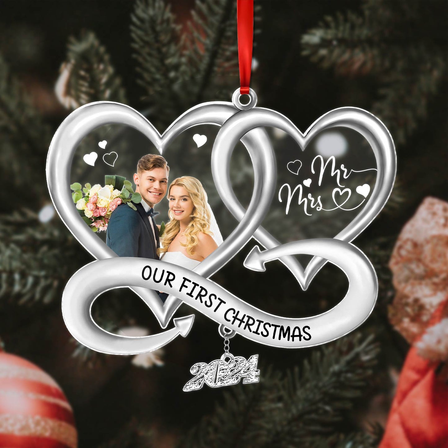365Gifty personalized Christmas ornament with double heart design and photo for Our First Christmas 2024