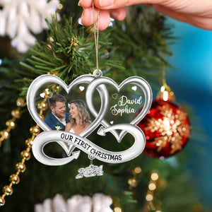 365Gifty personalized Christmas ornament with two heart frames and Our First Christmas 2024 banner