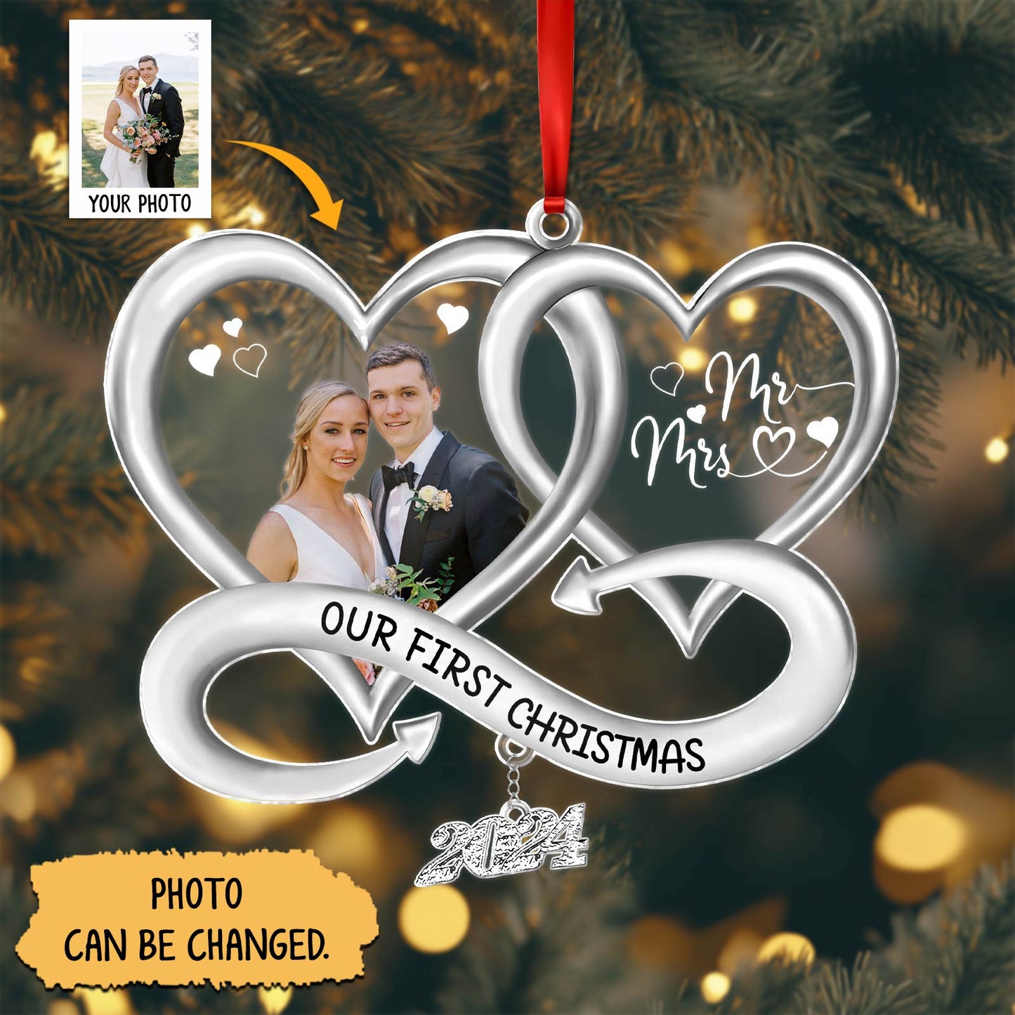 Personalized Christmas ornament with interlocking hearts and custom photo for our first Christmas 2024